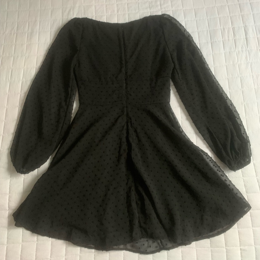 XS POLKA SWISS DOT MESH SQUARE NECK LANTERN BISHOP SLEEVE CHIFFON DRESS - Picture 4 of 5